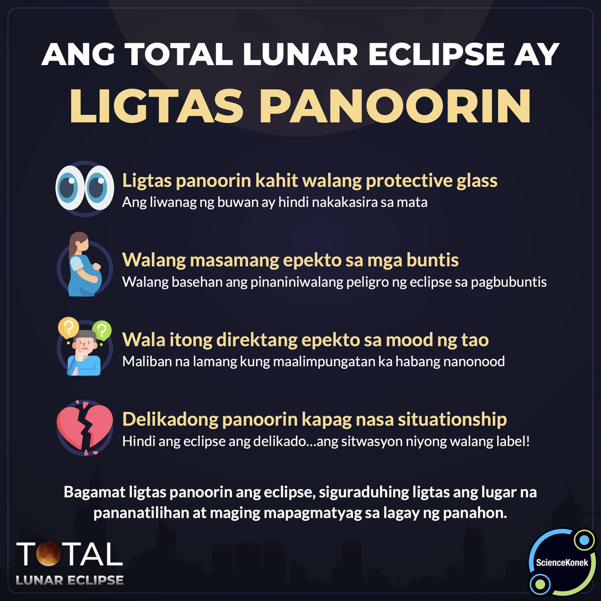 sciencekonek's tweet photo. 𝗔𝗡𝗚 𝗧𝗢𝗧𝗔𝗟 𝗟𝗨𝗡𝗔𝗥 𝗘𝗖𝗟𝗜𝗣𝗦𝗘 𝗔𝗬 𝗟𝗜𝗚𝗧𝗔𝗦 𝗣𝗔𝗡𝗢𝗢𝗥𝗜𝗡⚠️

Bagamat ligtas panoorin ang lunar eclipse, siguraduhing ligtas ang lugar na pananatilihan at maging mapagmatyag sa lagay ng panahon. #KonekSaBuwan #TotalLunarEclipse2026 #EclipsePH https://t.co/rbYrZwhwaX