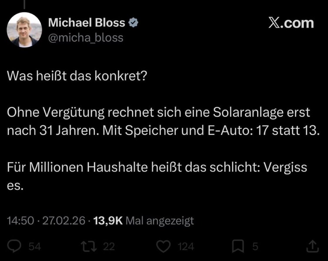 <a href="/BriHasselmann/">Britta Haßelmann</a> Populismus! Schauen Sie sich am besten das Interview von Herrn Zamparoni mit einem wirklichen Experten an!
Die Subventionierung auf EFH (weil exzessiv teuer pro KWh) wird eingestellt zugunsten der Großanlagen!

FYI