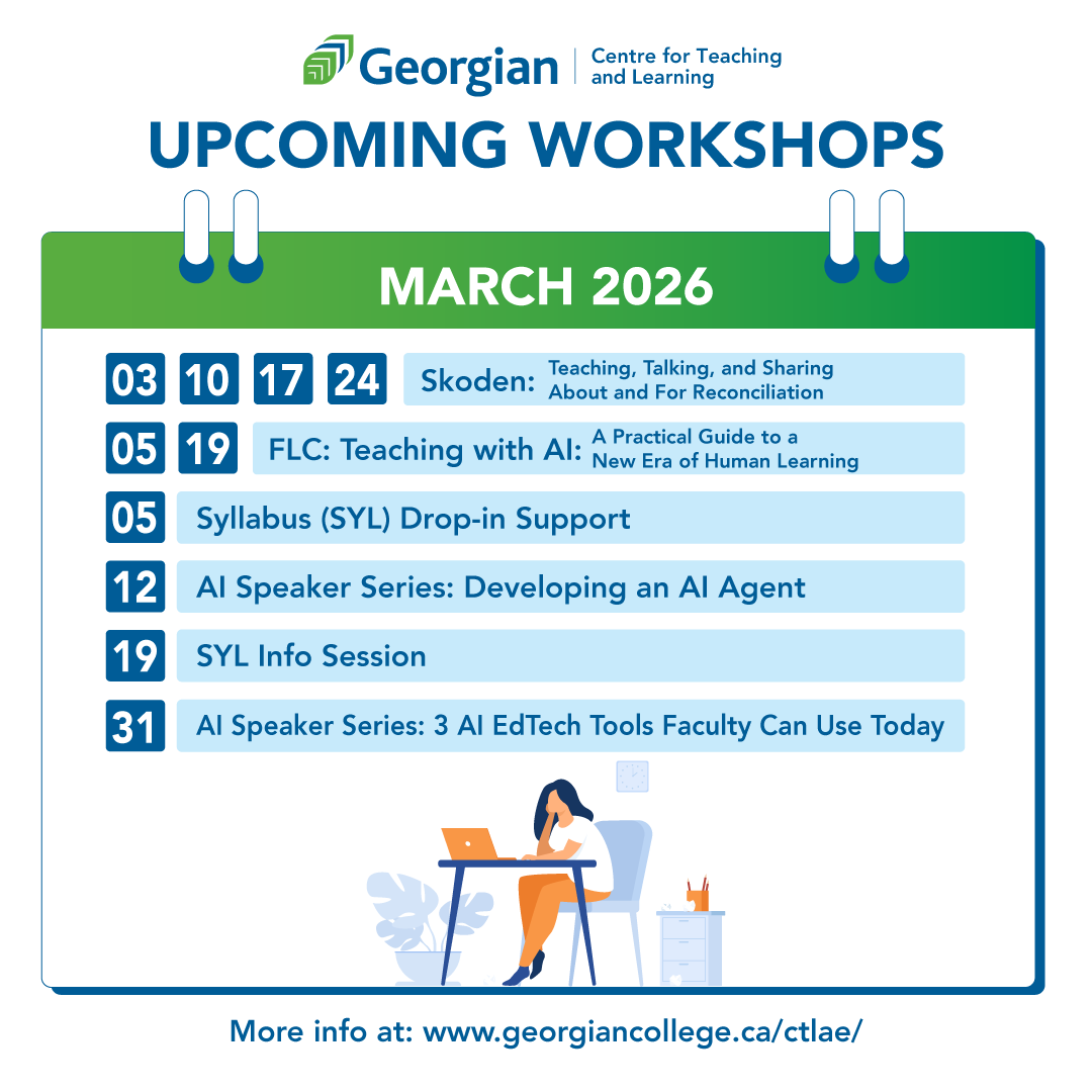 Georgian_CTL's tweet image. Mark your calendars! Check out our lineup of workshops for March 2026. Get ready to innovate and inspire.

For more information and registration, visit: georgiancollege.ca/ctlae/#worksho…

#TeachingExcellence #ProfessionalDevelopment