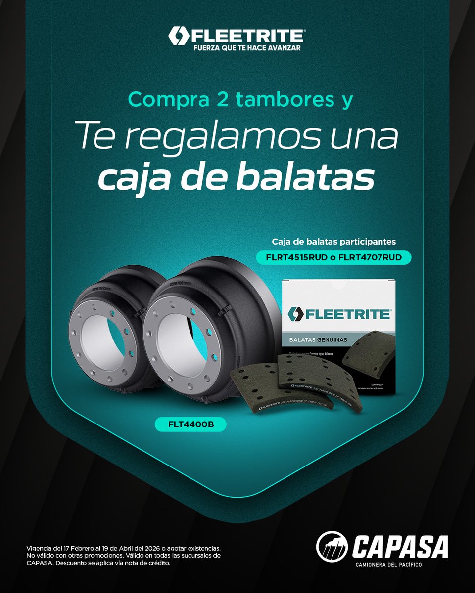 CAPASAmx's tweet image. ⚙️ El frenado seguro comienza con la combinación correcta.

En la compra de 2 tambores #Fleetrite FLT4400B, recibe una caja de #balatas participante sin costo adicional.

Más control, mejor contacto y desempeño firme en ruta.

📅 Hasta el 19 de abril de 2026.
📍 #CAPASA