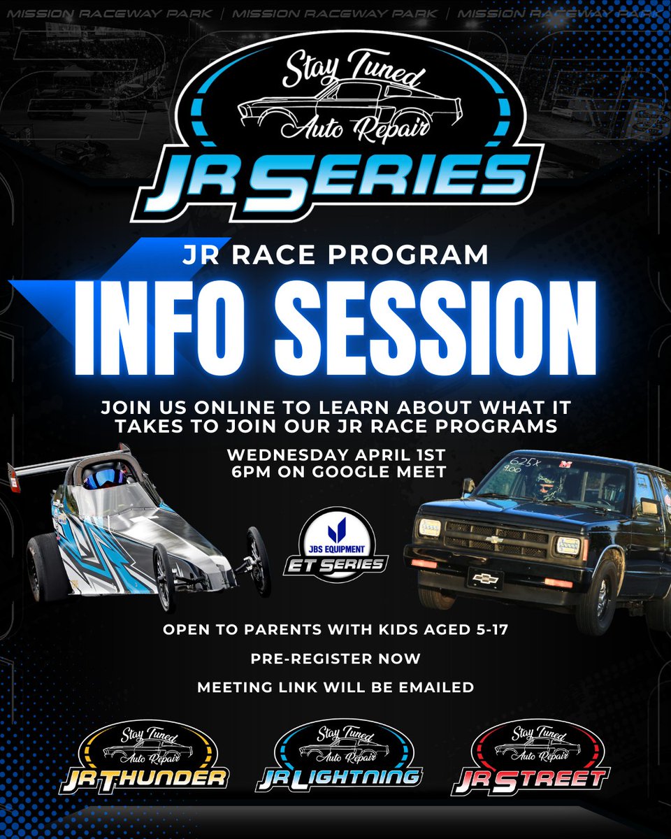 MissionRaceway's tweet photo. Join Us on Wednesday, April 1st at 6pm for an online Stay Tuned Auto Repair Ltd. Jr Race Program Info Session!

Registration link: https://t.co/gH9VWERNum

Google Meet link will be emailed to you by our team upon receipt of registration.

#nhradivision6 #jrstreet #racerinfonight https://t.co/WqFn1rk6fX