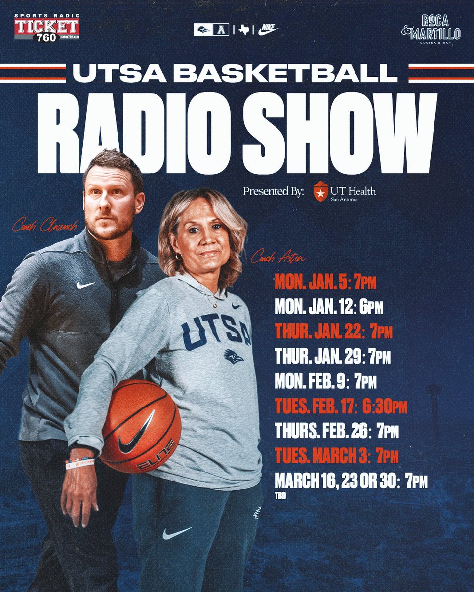 UTSAAthletics's tweet photo. This week's UTSA Basketball Radio Show, presented by @UTHealthSA, is moving to Tuesday at 7 p.m. 

We'll see you tomorrow, live from Roca &amp; Martillo!

#BirdsUp 🤙 #LetsGo210 https://t.co/oUqzFTLEdE