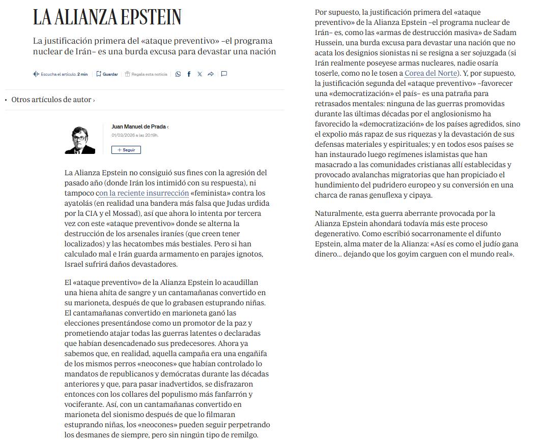 La última deposición del ayatolucho Juan Manuel de Prada en ABC es absolutamente repugnante. Quizá la peor de sus deposiciones. Esta vez, abiertamente antisemita.