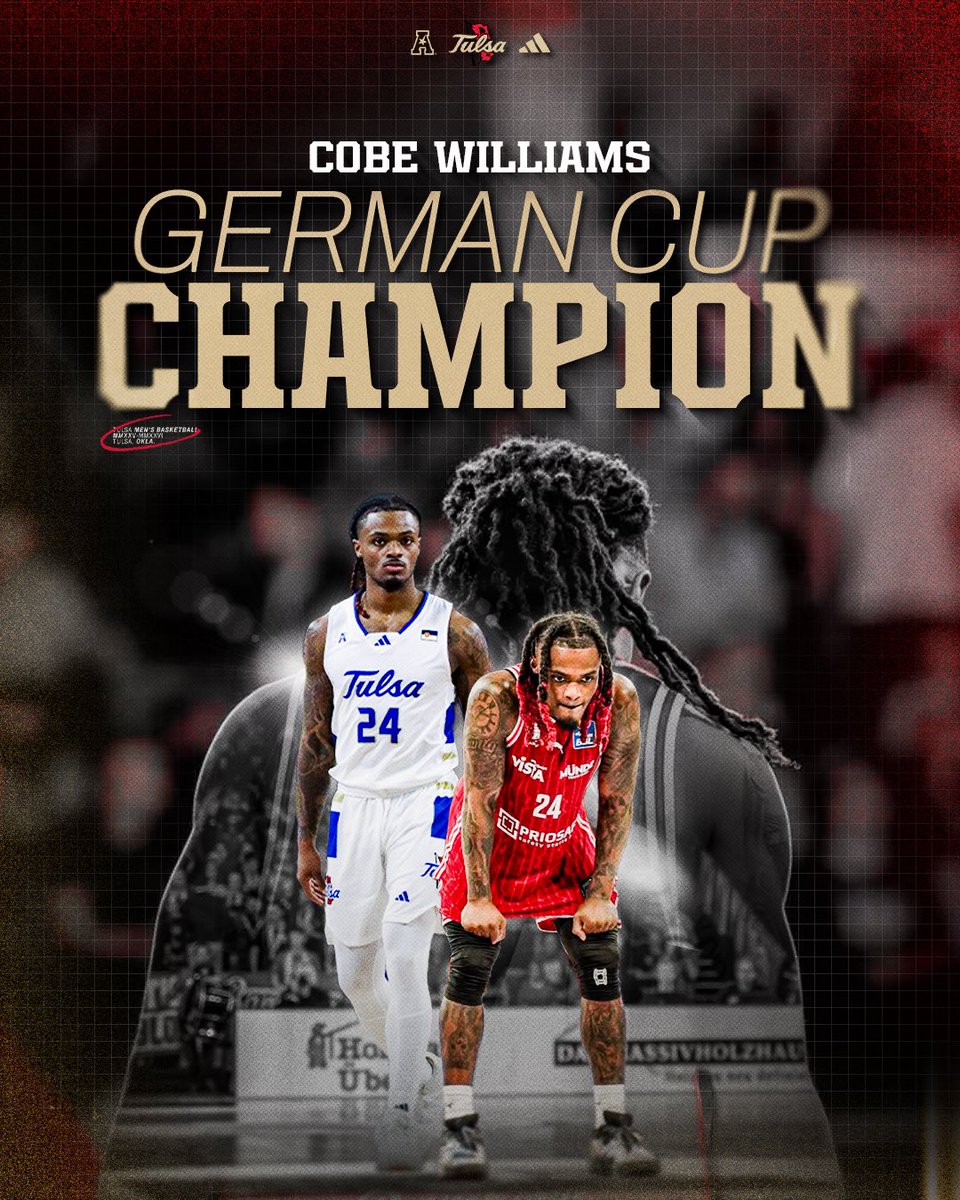 TulsaMBB's tweet photo. CHAMP. 🏆

Congrats to former Golden Hurricane, @CobeWill24, on winning the German BBL Cup Championship with @Bamberg_Baskets 

#ReignCane https://t.co/gT6qfCE6pu