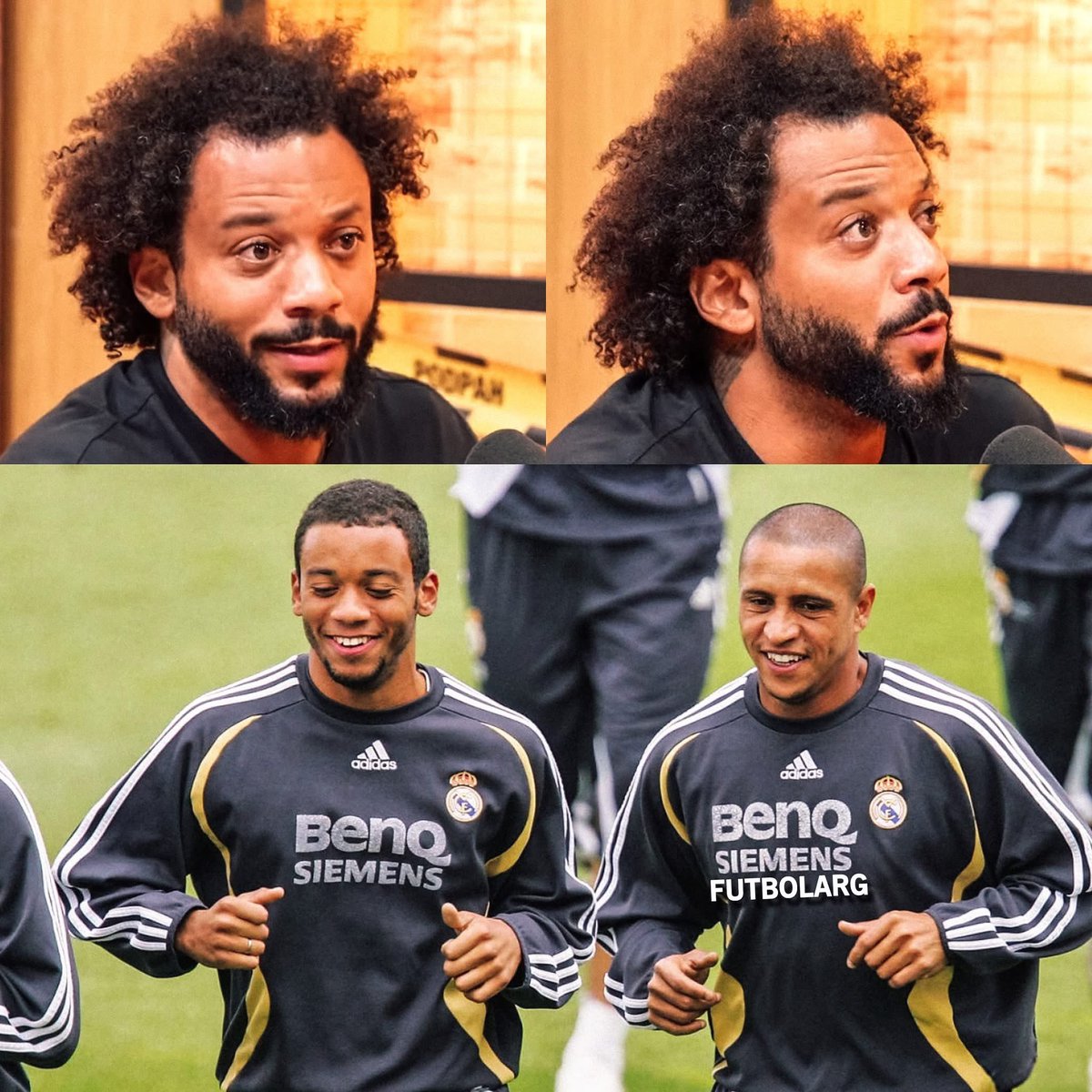 MotivacionesF's tweet photo. MARCELO: “Roberto Carlos fue una persona increíble en mi llegada a Madrid. Eso fue gracioso y muy fuerte a la vez. Llegas a un sitio, tu ídolo te recibe muy bien sabiendo que tú juegas en su misma posición, que yo venía para ser el ‘sucesor de Roberto Carlos’. Sabiendo eso, él me trató, a mí, a mi mujer, a mi cuñado, a mi abuelo, como si fuéramos su familia. Tiempo atrás yo lo veía por la TV con la boca abierta."

"Pero eso no fue todo, Roberto Carlos me dio su teléfono para lo que necesitara: 'Me dijo, 'Marcelo, toma mi número y apunta, cualquier cosa que necesites, llámame'. No es normal que uno se porte tan bien con alguien que viene a ocupar su posición. Y él lo hizo, conmigo y con mi familia. En teoría venía a quitarle el sitio y me ayudó muchísimo."

"Nunca le llamé, pero él a mí sí. Una Navidad me dijo: ‘Mira, las Navidades no nos da tiempo a ir a Brasil porque son 5 días, ven a mi casa'. Estar en la casa de tu ídolo y que te reciba así no tiene precio”.