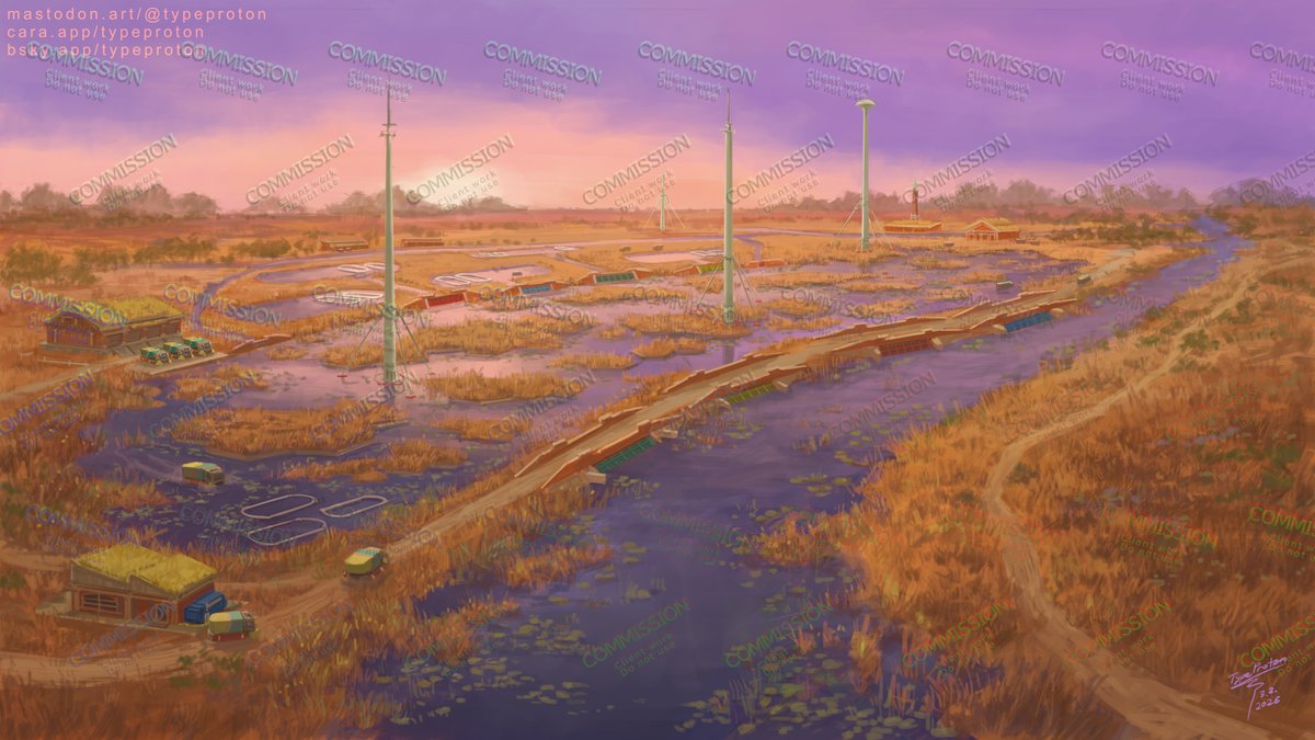 XR47P's tweet photo. Atheran Environmental Infrastructure

This wetland biome is almost entirely artificially created by aquacultural industries. It produces fish, oils, and even a few other related products. The wetlands themselves fulfill two main purposes: reducing water and soil pollution and providing flood protection. The local industry in this area has a "price floor agreement" with an insurance company in the area. The insurance essentially requires the landowners to maintain wetlands and hydroponic infrastructure and, in exchange, guarantees a minimum revenue floor through the previously mentioned price floor agreement - which sounds complicated, but essentially just means that even if the fishery experiences a disruption, or the price of its goods drops significantly for some reason, the insurance will pay the difference in the revenue that would otherwise have been lost.

The buildings in the area are generally waterproof and built with brick or solid stone to protect them from flooding and environmental damage as well. They also have green roofs, as visible in the concept art. These green roofs serve the purpose of reducing electricity demand for AC. This is rather important, as these facilities are typically not connected to a wider energy grid and instead rely on localized solar farms or, more commonly, generators.

Concept Art by @typeproton