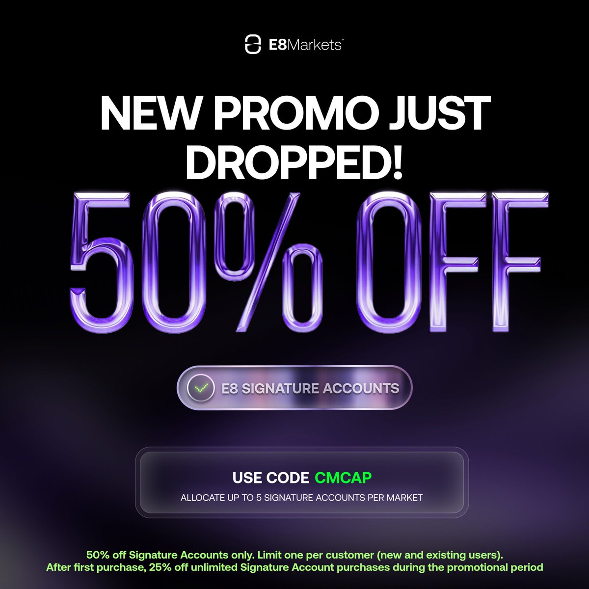 Our boys over at <a href="/E8Markets/">E8 Markets</a> dropping the best deal of the year so far! Dont miss out in this one! USE CODE: CMCAP