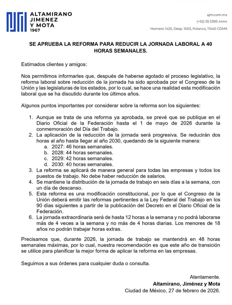 ¡ Aprobada la Reforma Constitucional para la Jornada Laboral de 40 horas !