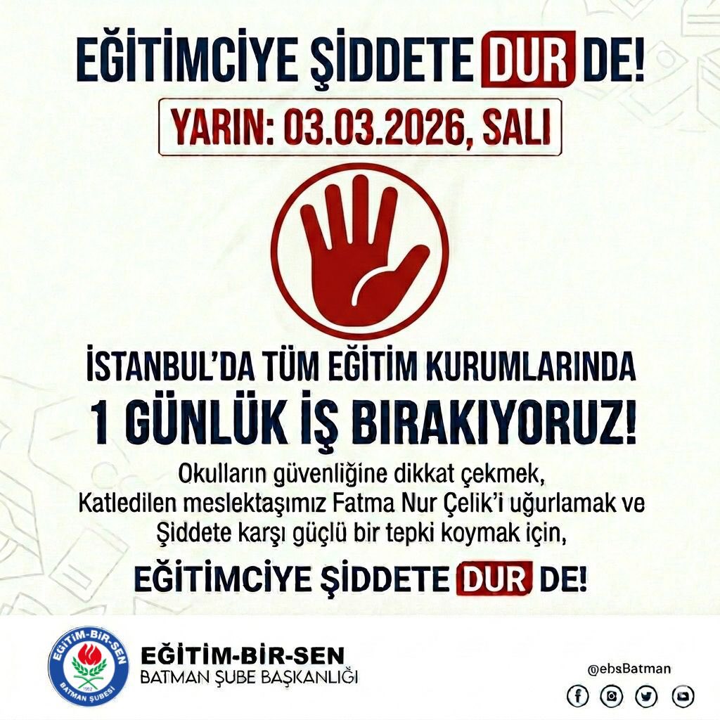 sehmuz_onlu's tweet photo. Fatma Nur Çelik Öğretmenimizi Kaybettik !

Fatma Nur Çelik, Çekmeköy Taşdelen Borsa İstanbul Mesleki ve Teknik Anadolu Lisesi’nde bir öğrencinin gerçekleştirdiği menfur saldırı sonucu ağır yaralanmış, kaldırıldığı hastanede tüm müdahalelere rağmen hayatını kaybetmiştir. Aynı saldırıda iki öğretmenimiz ve bir öğrencimiz de yaralanmıştır.

Bir canımızı, bir meslektaşımızı, bir öğretmenimizi kaybetmenin derin acısını yaşıyoruz. Merhum öğretmenimize Allah’tan rahmet; kederli ailesine, sevenlerine ve eğitim camiamıza sabır ve başsağlığı diliyoruz. Yaralı meslektaşımıza ve öğrencimize Rabbimizden acil şifalar diliyoruz.

Okullarımızın güvenli birer eğitim yuvası olması için gerekli tüm tedbirlerin ivedilikle alınmasını talep ediyor; bu acıya sessiz kalmamak adına yarın İstanbul’da 1 günlük iş bırakıyoruz.

Batman’da ise basın açıklaması ile tepkimizi ve dayanışmamızı ortaya koyacağız.
