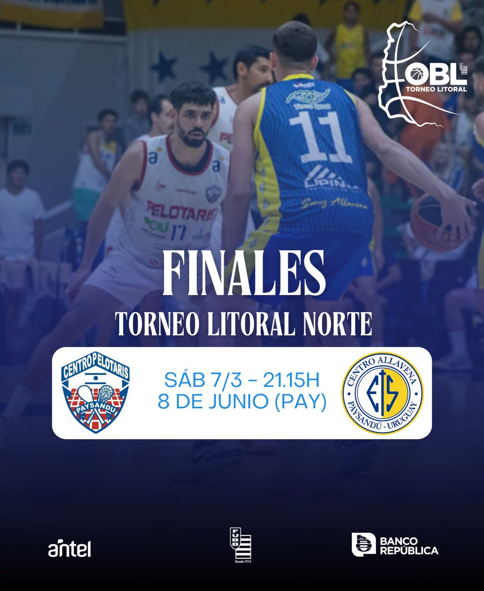 OblOficial's tweet photo. 𝐌𝐎𝐃𝐎 𝐅𝐈𝐍𝐀𝐋𝐄𝐒 🏆🏀👏🏼
 
🏟️ Desde este sábado, el estadio 8 de Junio recibirá las finales del Torneo Litoral Norte 2026 que tiene como anfitriones a Centro Pelotaris y Centro Allavena.

Juego 1 - 7/3
Juego 2 - 10/3
Juego 3 - 17/3 (de ser necesario) https://t.co/0hkbqlQtsI