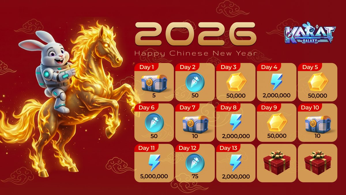 DAY Nº14 of the Karat Galaxy 🧧#ChineseNewYear Event!🎁 

🔥🐎We’re giving out #KaratGalaxy assets! 

🎁1 lucky winner every day!
⏪Yesterday's winner is: <a href="/Kygel123/">Kygel Basco</a>

How to enter:
1️⃣ Follow &amp; RT this tweet
2️⃣ Comment your Karat Galaxy UID

❗️Past winners can participate again❗️