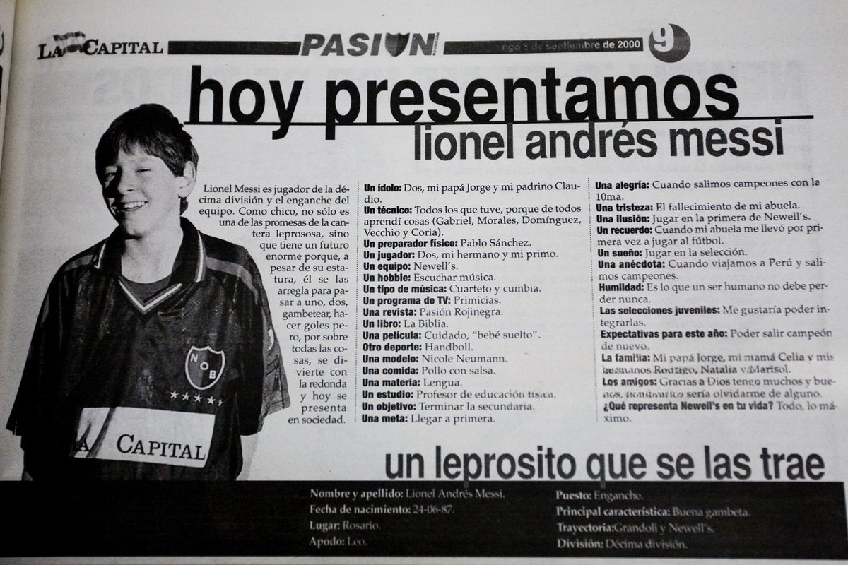 Recorte de diario, entrevista a Messi, año 2000.