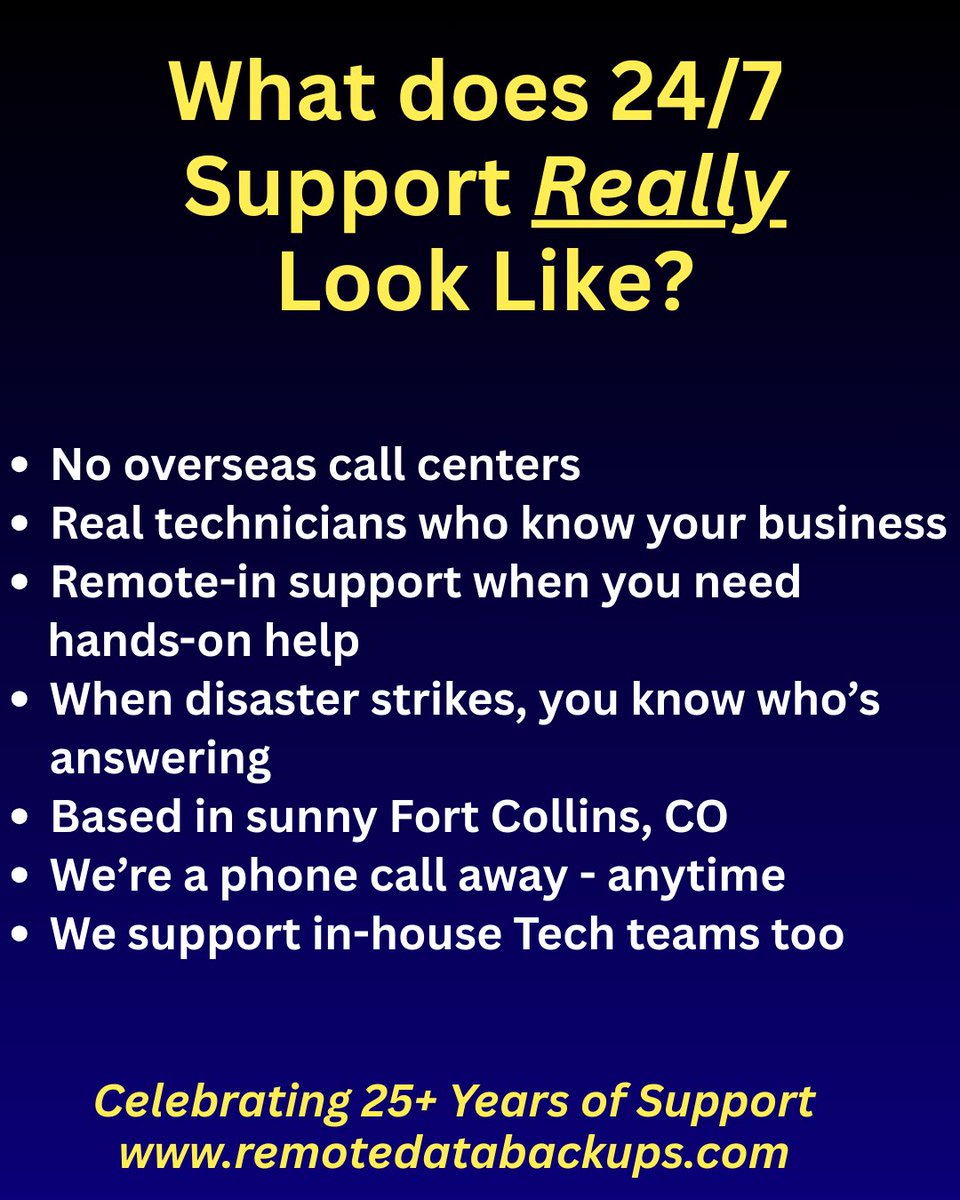 business_backup's tweet photo. Remote Data Backups includes 24/7 U.S.-based phone and remote support with every plan.
📷No overseas call centers
📷No endless ticket escalation
📷Direct access to seasoned technicians
📷25+ years of experience
Because backup is like insurance. It matters the moment you need it. https://t.co/EHsIo6vcfw