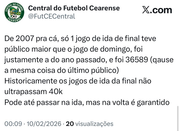 PÚBLICO DO JOGO DE IDA DA FINAL
20611 pagantes para renda de R$ 537484,00
Vocês tem que entender que nós ESTUDAMOS o futebol cearense