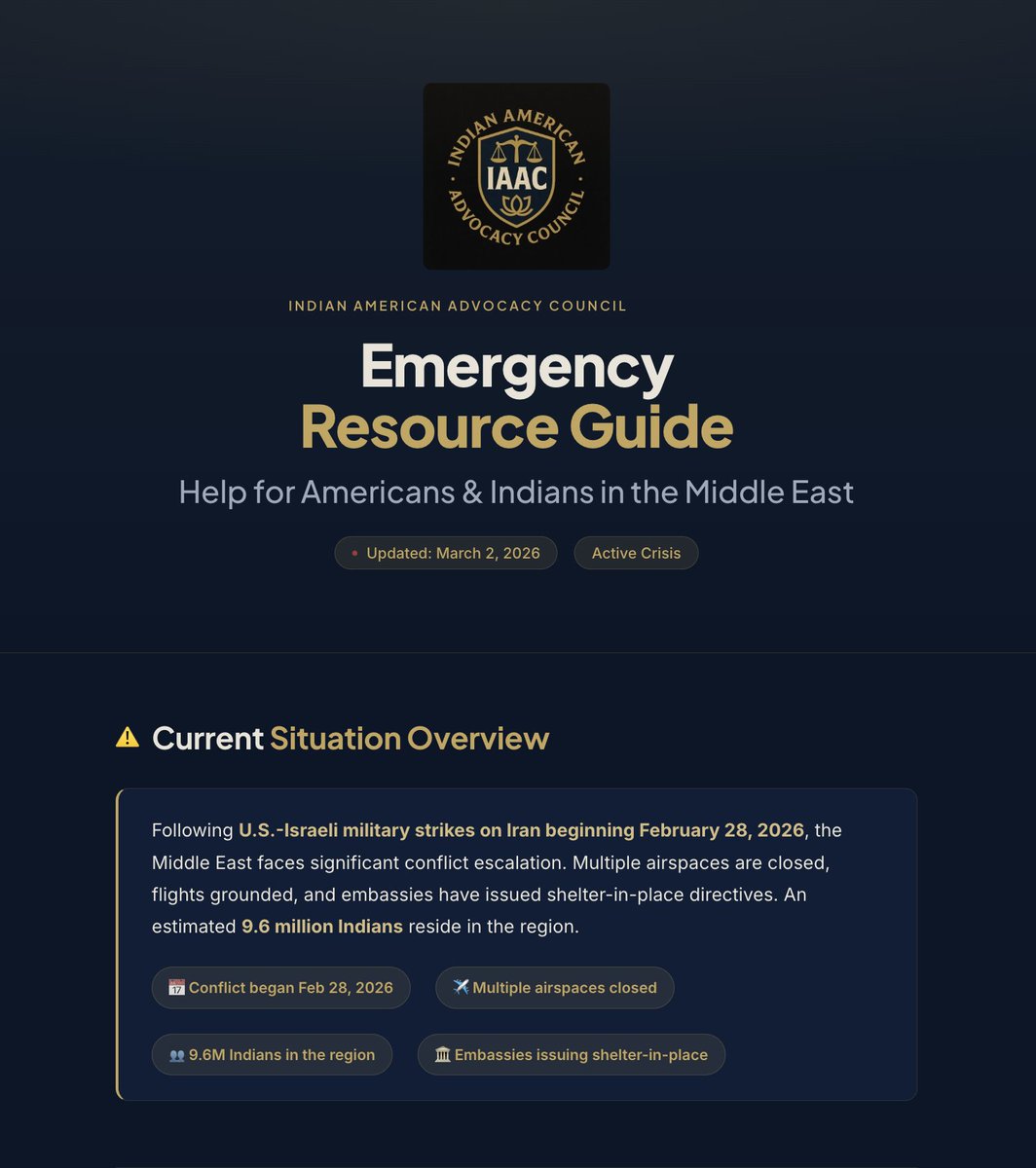 IAACouncil's tweet photo. 🚨 EMERGENCY RESOURCE GUIDE for Americans & Indians in the Middle East

As the conflict escalates, here's everything you need:

✅ US & Indian Embassy emergency contacts (all countries)
✅ Travel advisory levels
✅ Evacuation steps & action checklist
✅ STEP & MADAD registration links

@Cloudwatch199 @RajeevSharma00