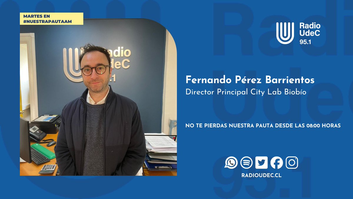 RadioUdeC's tweet image. #Entrevista 🎙️ Este martes en #NuestraPautaAM:

🔹Conversaremos con el director principal de #CityLab Biobío, Fernando Pérez B., a propósito del informe sobre el Impacto Vial del Superlunes.

📻95.1 FM
💻radioudec.cl