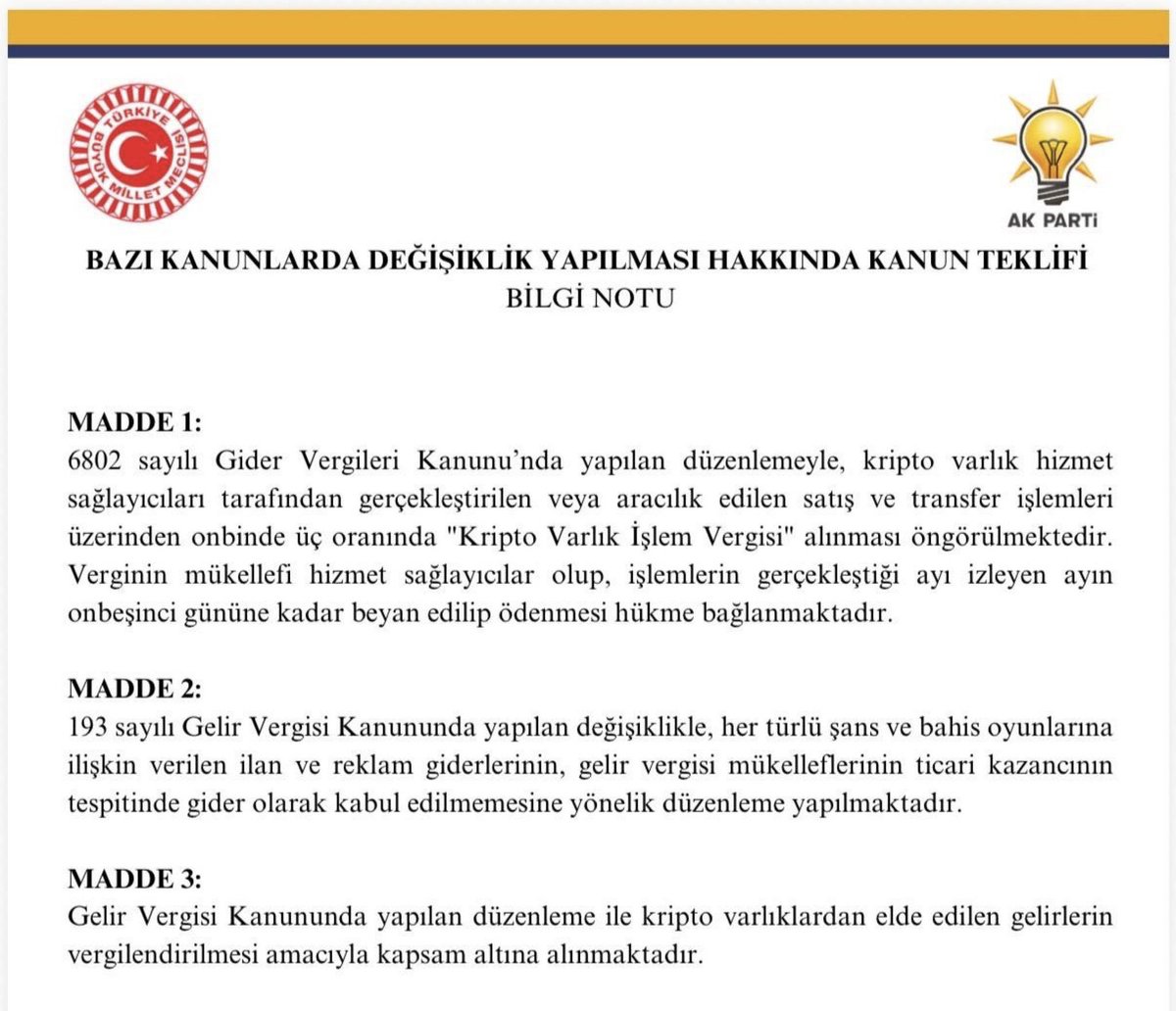 Sayın : <a href="/mustafaelitas/">Mustafa Elitaş</a> <a href="/DrOmerileri/">Dr. Ömer İleri</a> Kripto borsası yeterince zor birde vergi eklenirse herkez parayı yurt dışına kaçırır. Yabancı borsalardan vergi ödemeden işlem yapmaya çalışılır.Lütfen bu kararın gözden geçirilmesini talep ediyoruz.
#kriptodavergiyehayır