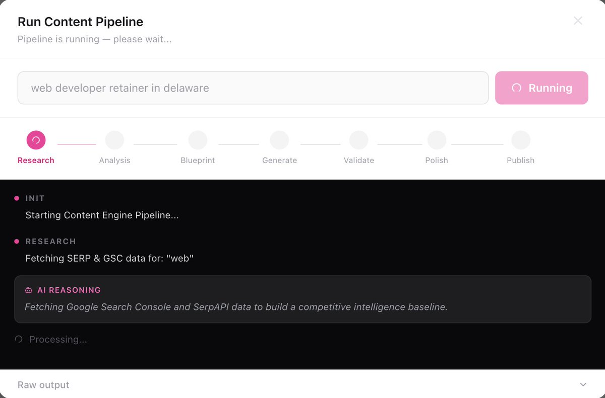 j117_dev's tweet photo. Ah, the era of accessible, bespoke software. I spent a few hours building out a custom content engine to automate our blog and socials, strictly without the "AI slop."

One command now saves me 10 hours a week. Here's how I built it: 🧵 #buildinpublic https://t.co/S3012EcVwy