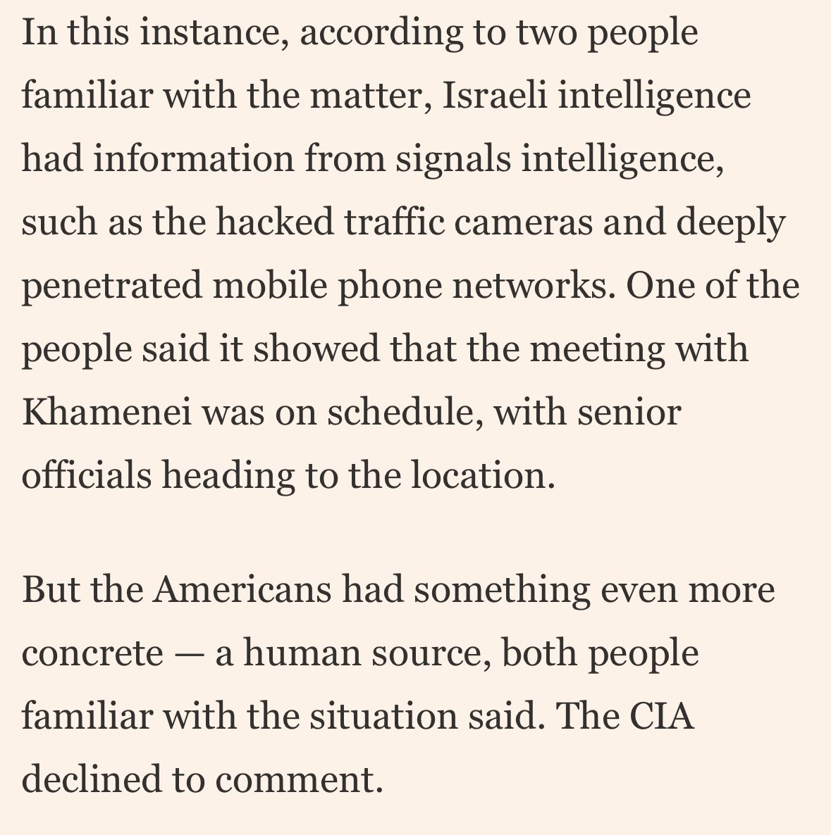 “Israeli military doctrine requires two separate senior officers, working independently from each other, confirm with high certainty that a target is in the location that is to be attacked and who he is accompanied by.”

Inside the plan to kill Khamenei
giftarticle.ft.com/giftarticle/ac…