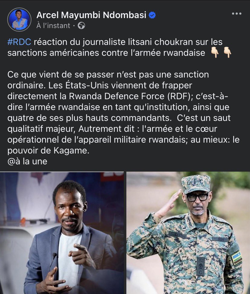 #RDC réaction du journaliste litsani choukran sur les sanctions américaines contre l’armée rwandaise 👇🏻👇🏻
<a href="/LitsaniChoukran/">Litsani Choukran</a> <a href="/Presidence_RDC/">Présidence RDC 🇨🇩</a>