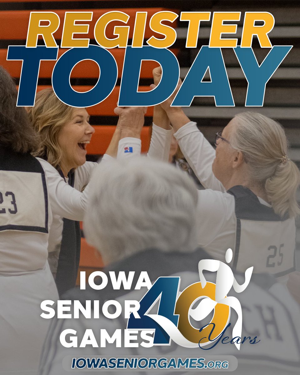 IowaSeniorGames's tweet photo. Registration is OPEN for the 2026 Iowa Senior Games! Our 40th anniversary of the games will be our best yet. 

Stay tuned for information coming out through the spring - and REGISTER NOW!

https://t.co/YEiIbTwLPW https://t.co/zVfiEZDn2f