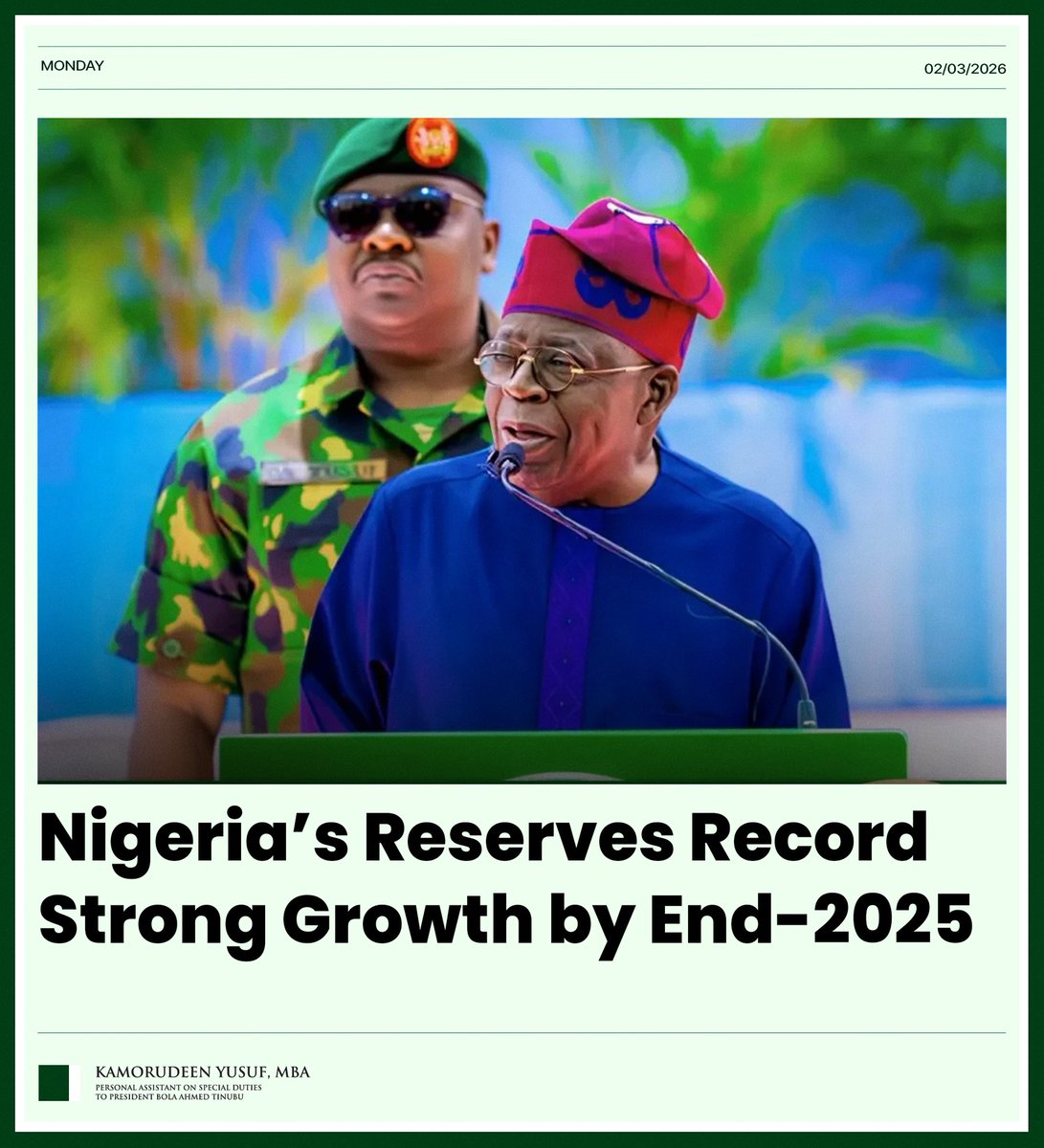 KamorYusuf's tweet photo. Nigeria’s Reserves Record Strong Growth by End-2025

Nigeria’s net foreign exchange reserves climbed to $34.80 billion by December 2025, up sharply from $23.11 billion at end-2024 and $3.99 billion at end-2023, reflecting a major improvement in the country’s external liquidity and reserve quality. This means Nigeria’s unencumbered FX buffers are now stronger than the entire gross reserves recorded just two years earlier.

Gross external reserves also strengthened, rising from $40.19 billion at end-2024 to $45.71 billion at end-2025, and further to $50.45 billion by mid-February 2026. The steady build-up signals stronger external sector fundamentals and improved capacity to meet external obligations, support exchange rate stability, and reinforce macroeconomic resilience.

The gains are linked to improved transparency and credibility in FX management, which boosted investor confidence and attracted stronger inflows, alongside better reserve management practices focused on liquidity and sustainability.

These positive outcomes reflect the direction of ongoing reforms under the leadership of Bola Ahmed Tinubu, whose economic policies continue to strengthen external buffers, restore confidence, and position Nigeria for greater macroeconomic stability and long-term growth.

— Kamorudeen Yusuf, MBA
Personal Assistant on Special Duties to President Bola Ahmed Tinubu