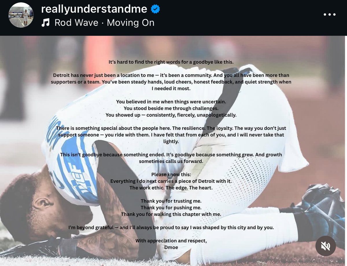 #Lions RB David Montgomery just posted a goodbye message to the city of Detroit via his Instagram account.