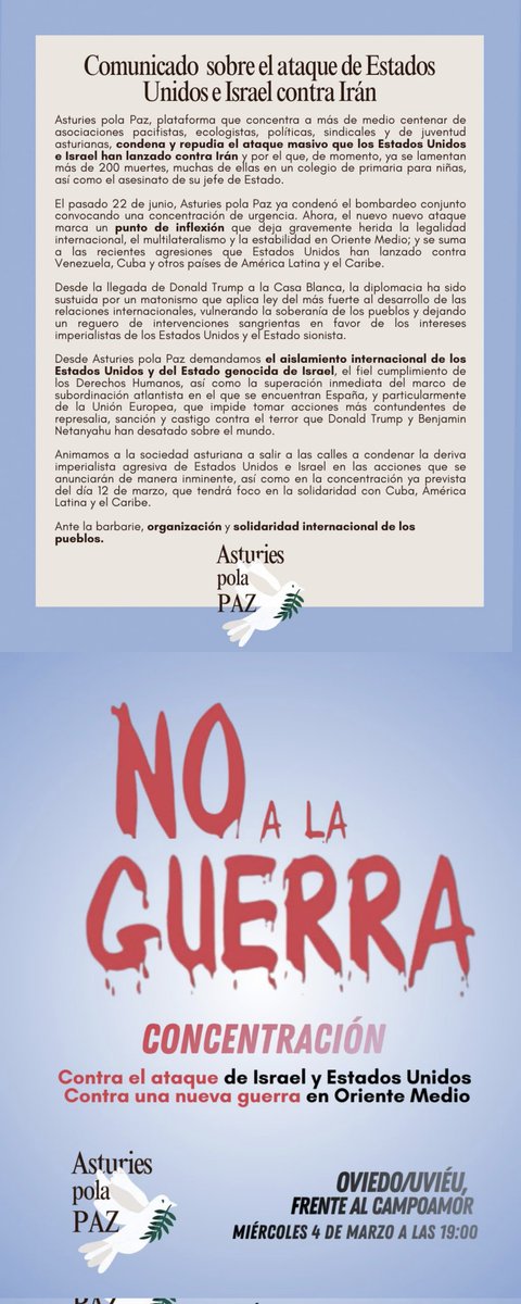 Astur_Palestina's tweet photo. Ante la barbarie : organización y solidaridad internacional d los pueblos . #Uviéu concentración a las 19.00 h frente al #Campoamor #AsturiesPoLaPaz ♀️🔻🇵🇸🇪🇭🇮🇷🇨🇺
#NonALaGuerra ☮️ https://t.co/NueVlXgdQx