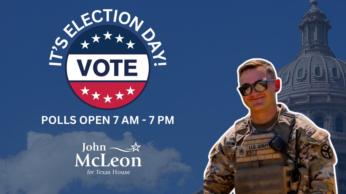 johnmcleonhd74's tweet photo. Election Day is here!

Polls are open 7 AM to 7 PM.

Vote John McLeon for HD 74 and make Texas a stronger, safer, more affordable place to live! https://t.co/jLGVUdtlAF