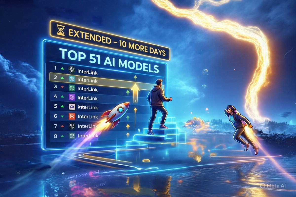 EashwarK99222's tweet photo. UPDATE: Top 51 Best AI Models campaign extended 10 more days!
More time = more referrals, more actions, more rewards.
Leaderboard is still wide open. 🚀
Climb, secure your spot, and maximize your pools before Mar 10.
Make it count. 🔥
#InterLink #ITLG #ITL #Top51 #AI https://t.co/KDCBNrmSpn