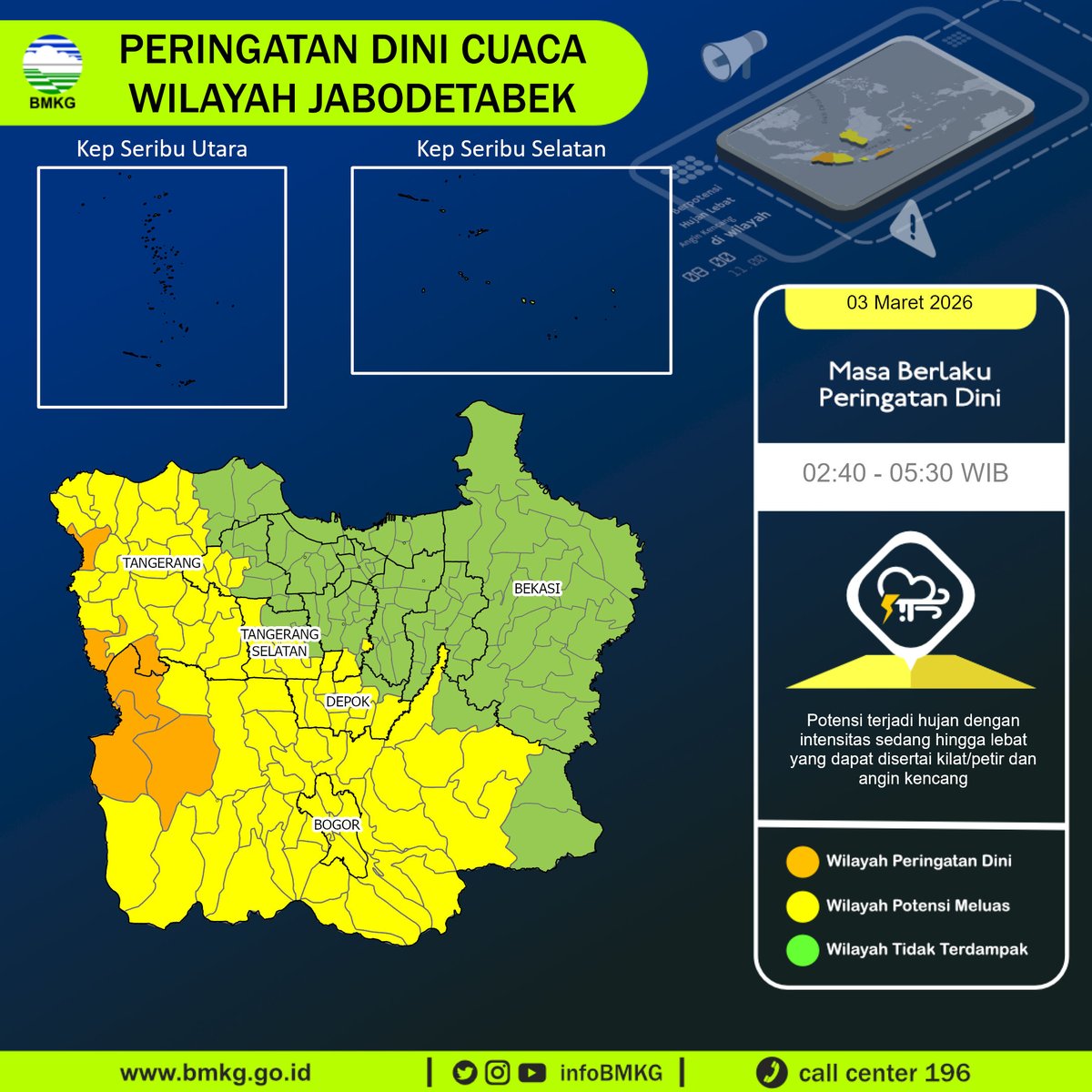 infoBMKG's tweet photo. Update Peringatan Dini Cuaca Wilayah - Jabodetabek Tgl. 03 Maret 2026 pkl. 02:40 WIB
Prakirawan - BMKG - Pusat
https://t.co/Tqqc02JQHo https://t.co/exLlsU28WK