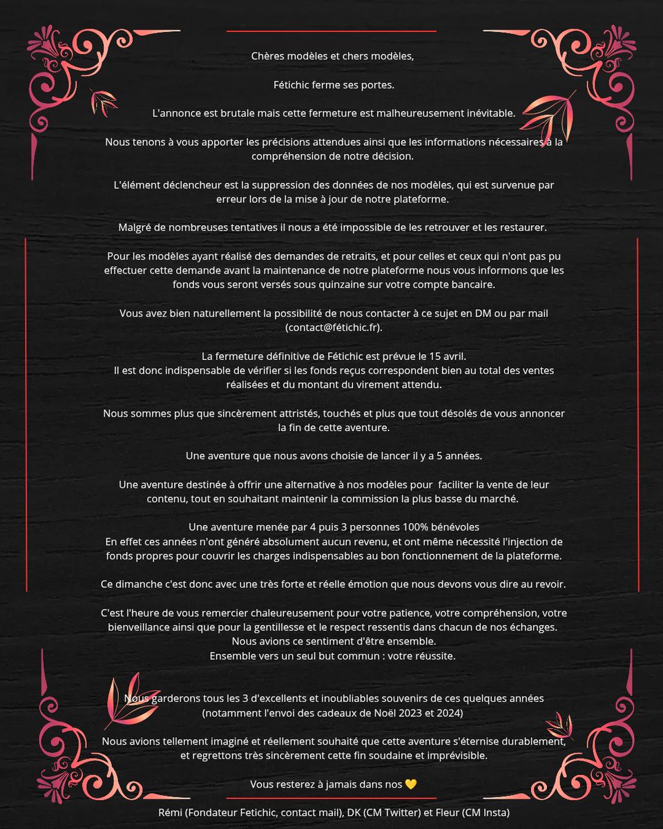 FetichicFR's tweet photo. Merci à toutes et tous et peut-être à bientôt

Vous resterez à jamais dans notre 💛

Rémi (Fondateur, Contact mails)
D.K (CM Twitter)
Fleur (CM Insta) https://t.co/50nuMWCzpL