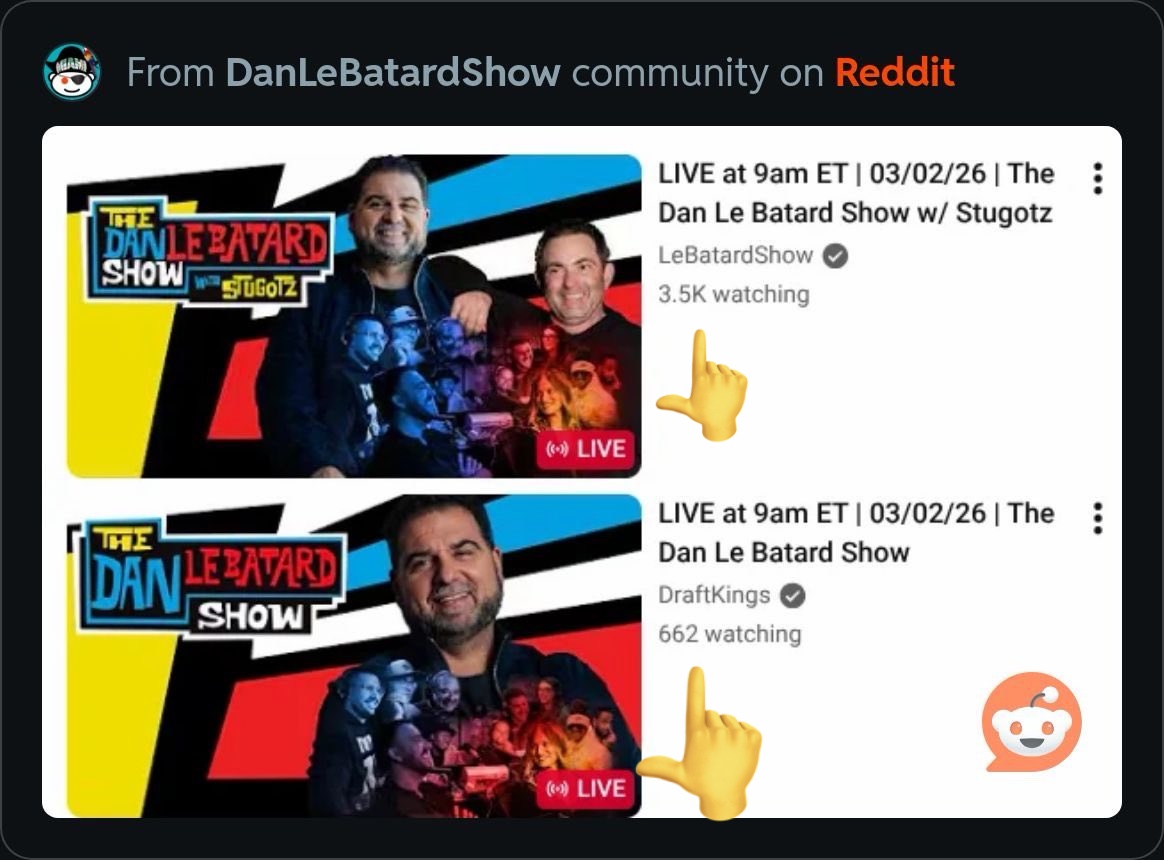ILLBeDamnItsWes's tweet photo. I think it is pretty funny the thumbnail with Stugotz has way more views than the one without him

To be fair, DraftKings shared the one without. Le Batard and co. send the updated one to DK to start using I guess? Why isn't Le Batard Show using it yet? Hmmmmmmmmmmm #StugotzArmy https://t.co/8SPu61GNW9