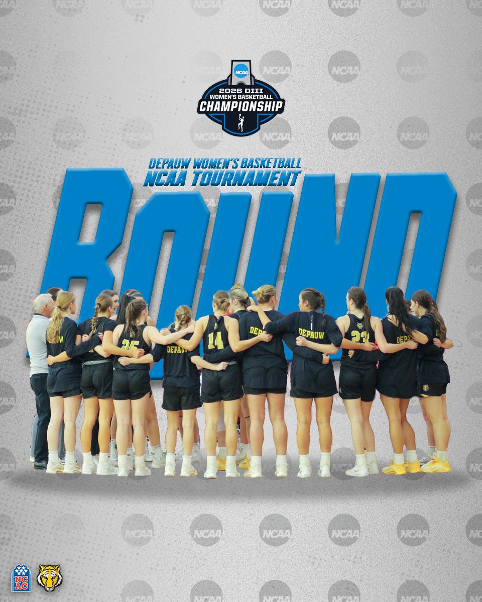 NCAC's tweet photo. DePauw is tourney-bound! 🪩

The Tigers are headed to Waukesha, WI, to face host Carroll in the first round of the @NCAADIII Women’s Basketball Championship!

#NCACPride | #d3hoops https://t.co/yvCxKFc4ae