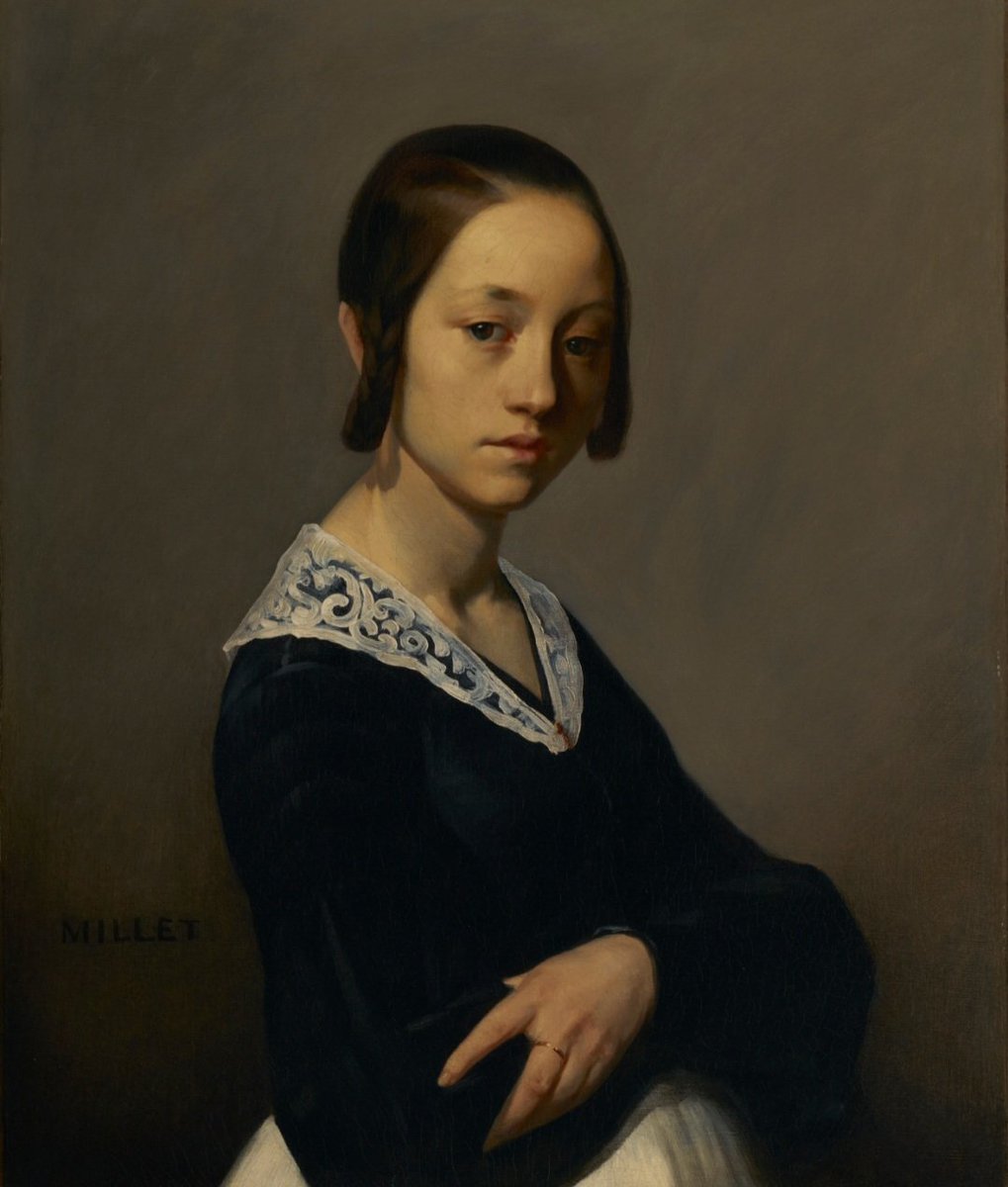Before Jean-François Millet achieved success as a painter of peasant life, he earned his early living as a portraitist. Here, he depicts the wife of a lifelong friend in a style reminiscent of 17thC Dutch painters. Millet captures the sitter's self-containment, reserve, and poise
