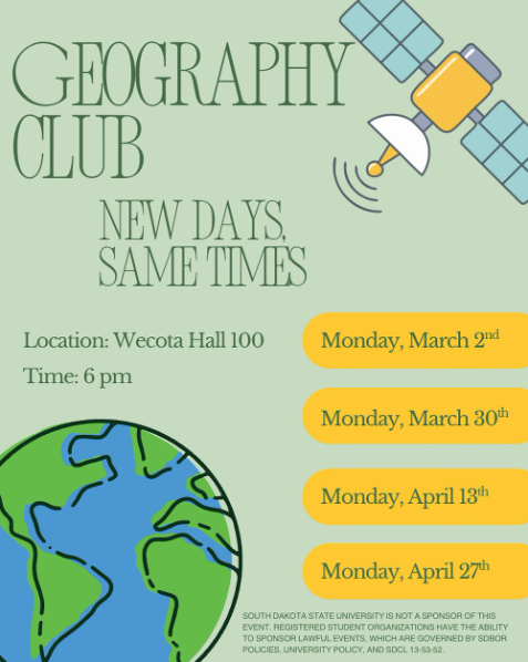 SDStateGeo's tweet photo. 🌍Geography Club meets TONIGHT!
Join us Monday, March 2 at 6 pm in Wecota Hall 100 for “Where in the World is the Geography Club?” - a fun challenge, some pizza, and good company - so bring a friend!
And mark your calendars for the rest of the NEW spring dates: https://t.co/z362nrxEt4
