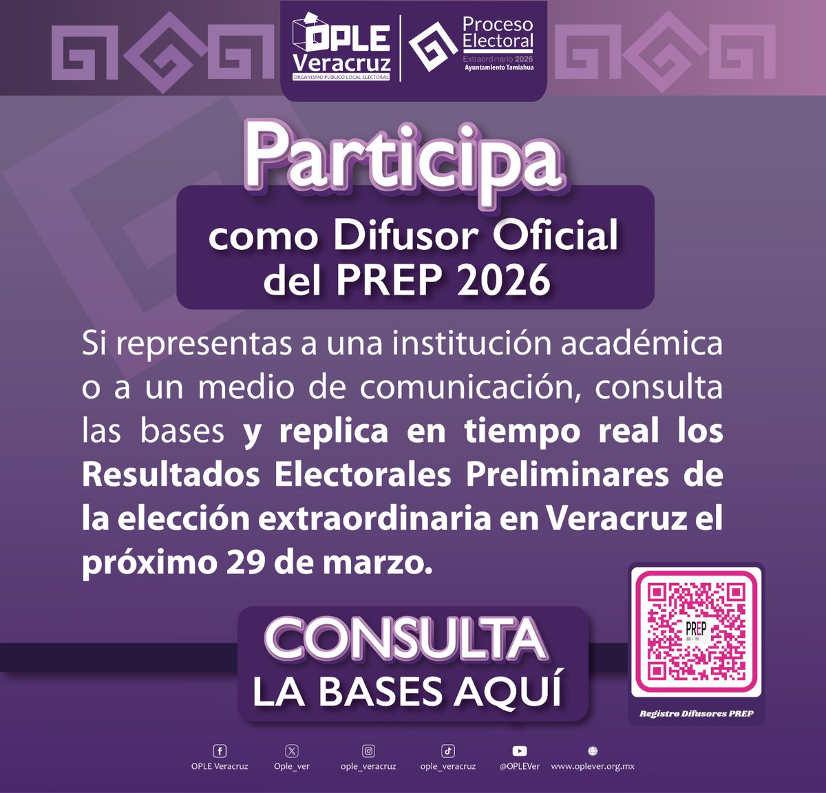 ople_Ver's tweet image. 📢¡Participa como difusor oficial del #PREP!📢

Convocatoria dirigida a las instituciones académicas 🏫o medios de comunicación 📺📻📰💻interesados en difundir a la ciudadanía, a través de sus portales web💻, la información generada por el Programa de Resultados Electorales