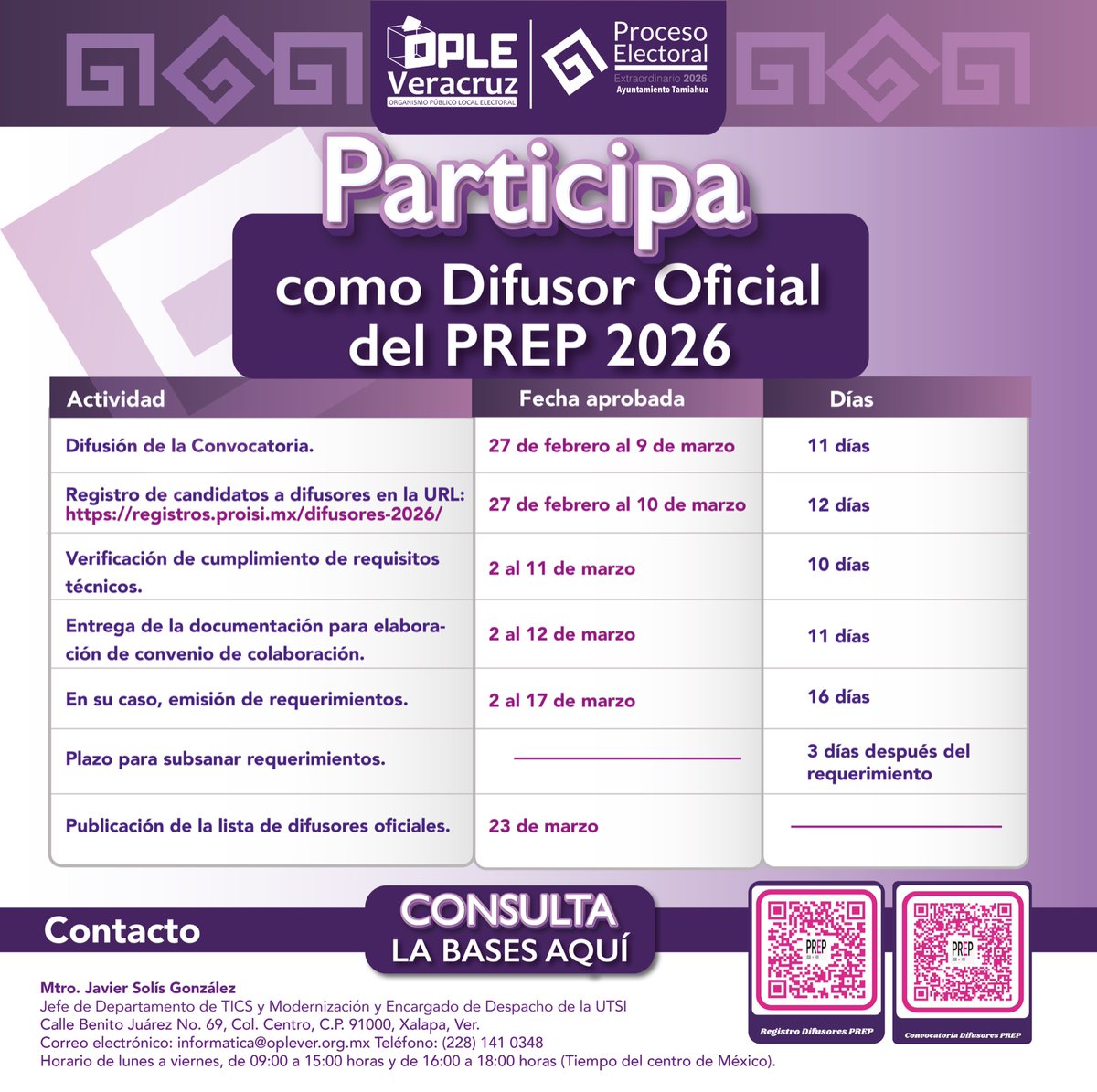 ople_Ver's tweet image. 📢¡Participa como difusor oficial del #PREP!📢

Convocatoria dirigida a las instituciones académicas 🏫o medios de comunicación 📺📻📰💻interesados en difundir a la ciudadanía, a través de sus portales web💻, la información generada por el Programa de Resultados Electorales