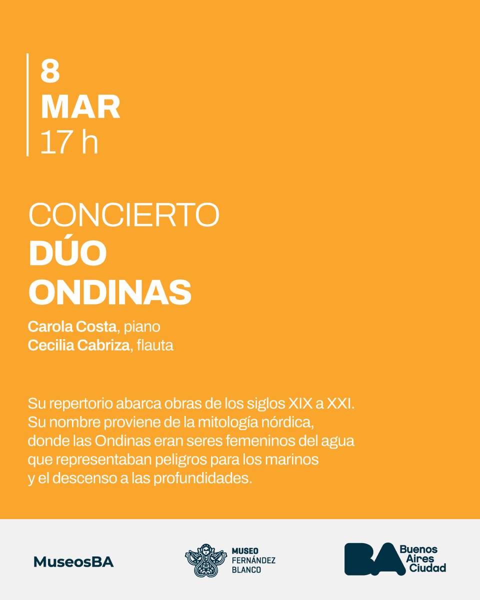 museofernandezb's tweet photo. Domingo 8 de marzo 17 hs
Concierto Dúo Ondinas
Carola Costa (piano) &amp; Cecilia Cabriza (flauta)
Temporada Musical MIFB 2026
Palacio Noel (Suipacha 1422, Barrio Retiro)
Museo de Arte Hispanoamericano Isaac Fernández Blanco
Se accede con la Entrada al Museo $2.000 https://t.co/vS1p2rVd0B