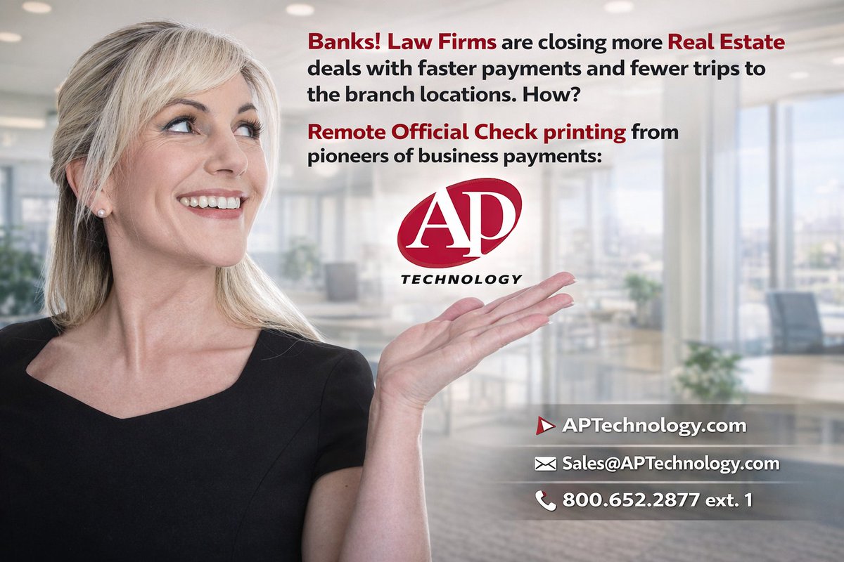 #Banks can increase deposits with #RemoteOfficialCheckPrinting for business customers. Faster deal closes. Fewer trips to the bank. #APTechnology makes it easy. Payment issuance and #Secure32 replacement, too. aptechnology.com