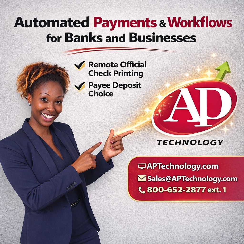 Banks! Businesses! Modernize your multi-payment issuance processes with AP Technology. Remote Official Check Printing and Payee Deposit Choice are here. Advanced configurable workflows. Payment automation that embraces AI to grow with you. aptechnology.com