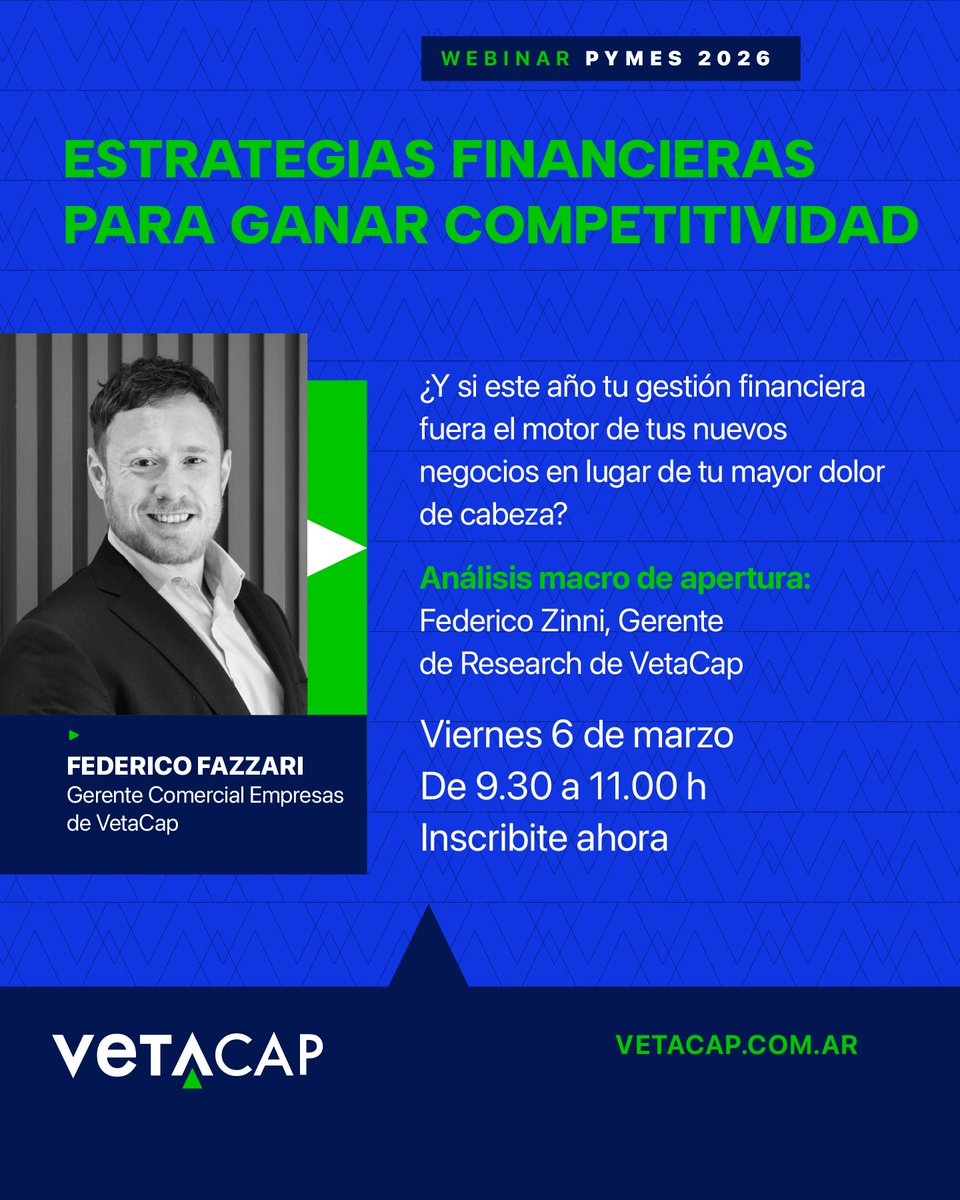 VetaCapital's tweet photo. ¿La gestión financiera de tu PyME es el motor de tus negocios o tu mayor dolor de cabeza?

Este viernes, sumate a nuestro Webinar: analizaremos estrategias para ganar competitividad en el escenario macro actual.

🕘 9:30 a 10:15

Inscribite gratis ahora.

https://t.co/qrsRgZ91G8 https://t.co/xUfKfzbMvZ