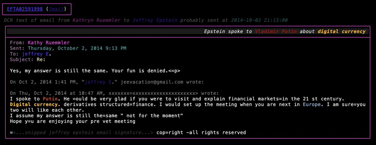 Cryptadamist's tweet image. in 2014 &amp;lt;REDACTED&amp;gt; spoke to #VladimirPutin (apparently on behalf of Jeffrey Epstein) about "digital currency" and "structured finance".

Putin expressed interest, Epstein tried to bring and/or send Kathy Ruemmler to explain such things to Putin.

to her minimal credit she refused