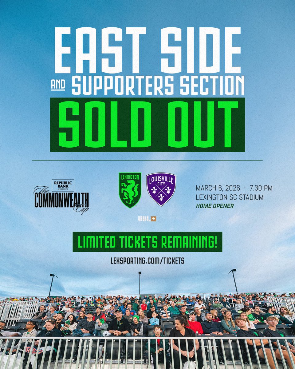 LexSporting's tweet photo. Tickets are going fast for Friday’s Commonwealth Cup presented by Republic Bank season opener 👀

Limited seats remain in the West &amp; North stands...secure yours NOW! ⏳

🎟👉 https://t.co/q03GO5wnPG

#LexGo https://t.co/r98xmtKnLq