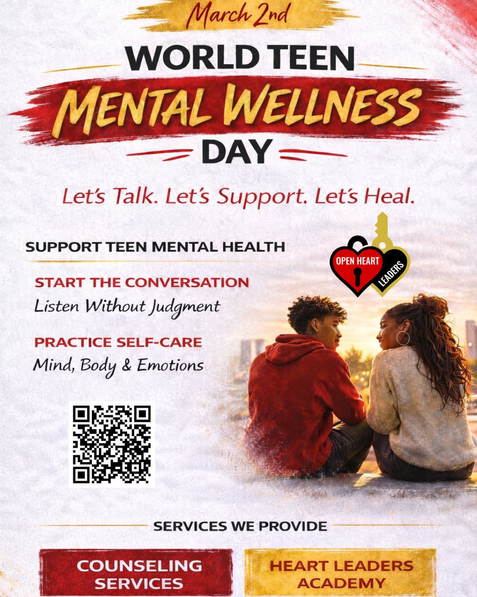 OpenHeartLeader's tweet photo. Our teens deserve safe spaces, honest conversations, and real support. Through our Counseling Services and Heart Leaders Academy, Open Heart Leaders is here to help teens thrive, not just survive.

🔗 Scan the QR code or visit our link in bio to get connected. https://t.co/1fClMWFSiS