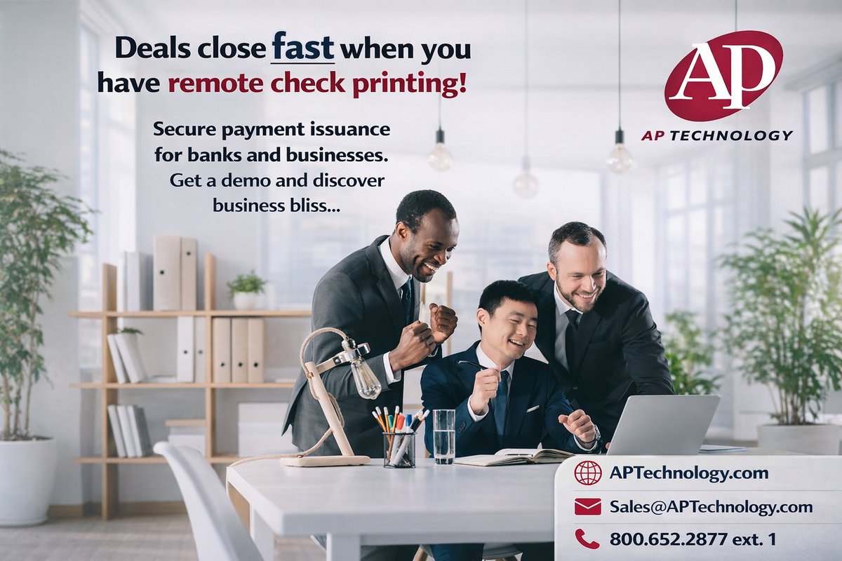 Banks! #RemoteOfficialCheckPrinting for your business customers- faster deal closes, fewer trips to the bank. Advanced workflow. Payee Deposit Choice and #Secure32 replacement, too! Embracing AI to grow with you from checks to digital. That's #APTechnology aptechnology.com