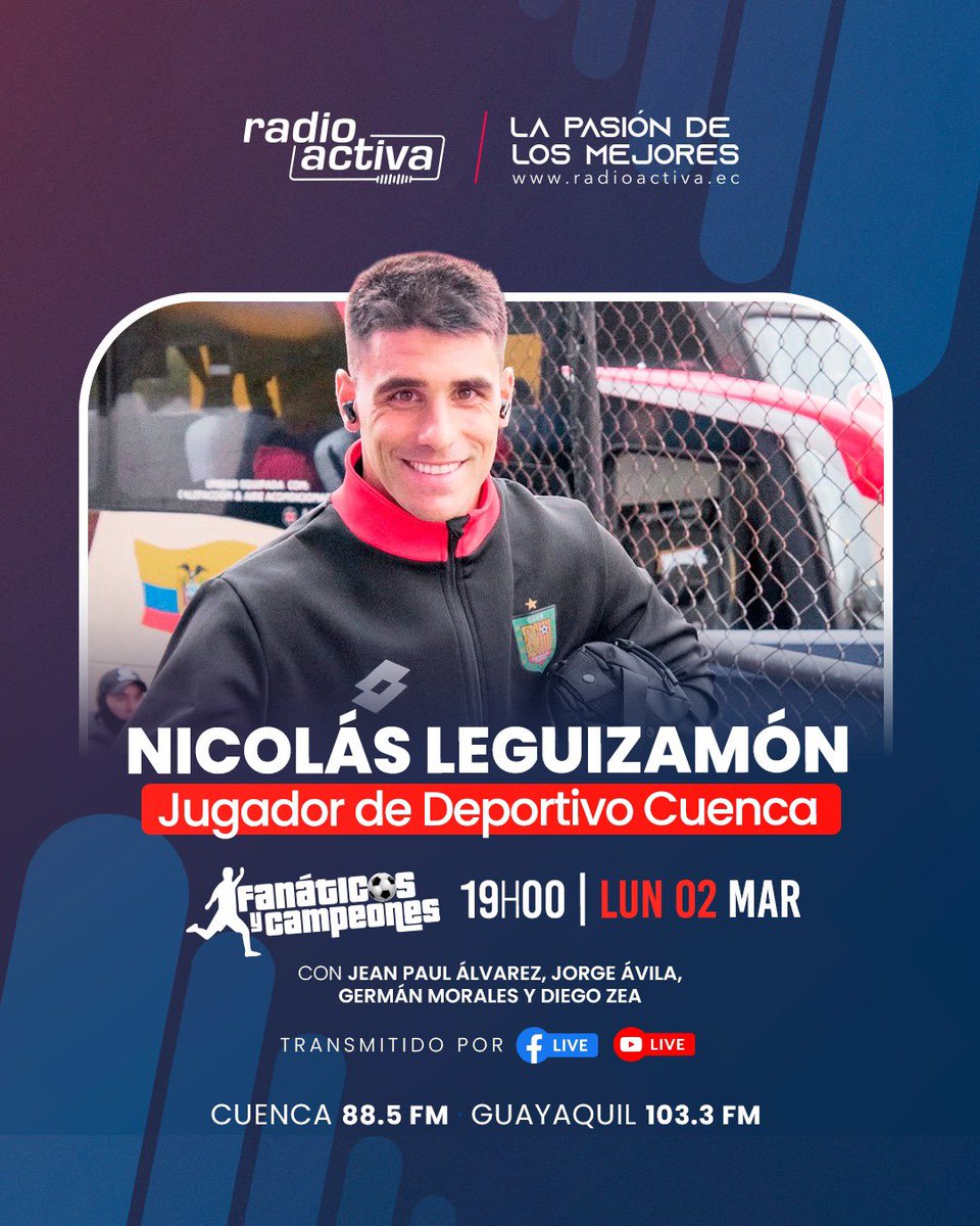 🎙️ Esta noche en Fanáticos y Campeones conversaremos con Nicolás Leguizamón, delantero de #DCuenca 🔴⚫️

💪🏻 ¡La pasión de los mejores! 

⏰ 19:00
📻 88.5FM - CUE | 103.3FM - GYE
🌍 radioactiva.ec 
📱 0987175788