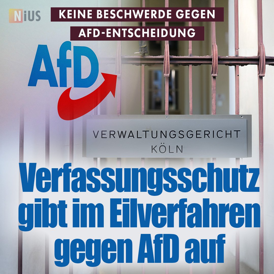 Vergangene Woche urteilte das Verwaltungsgericht Köln, dass die AfD nicht „gesichert rechtsextremistisch“ bezeichnet werden dürfe. Nun zeigt sich: Die Entscheidung wird nicht angefochten, eine Beschwerde  sei „nicht vorgesehen“, so ein Sprecher. nius.de/nachrichten/ne…
