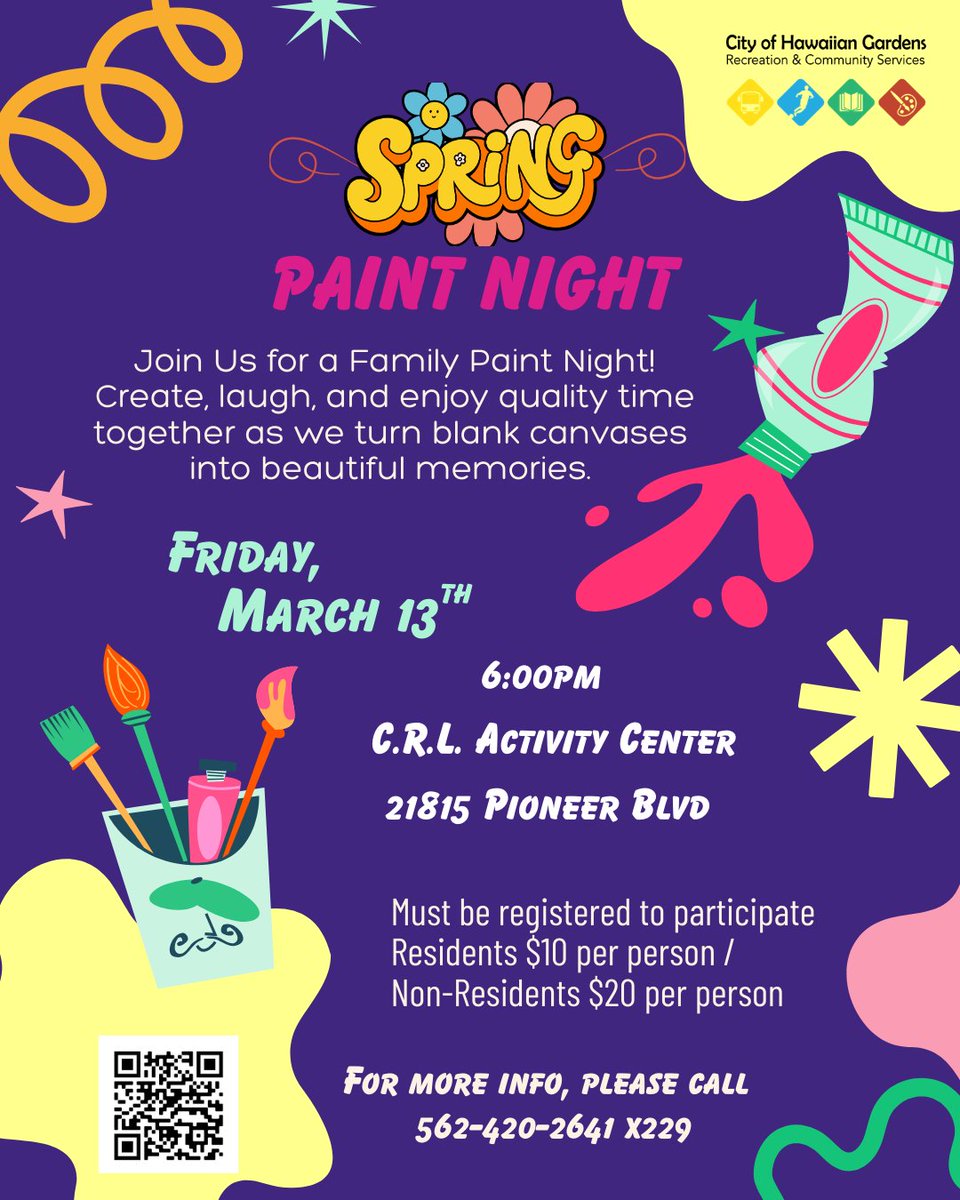HawaiianGardens's tweet photo. 🎨 Family Paint Night! Create, laugh, and make memories.  
📅 Fri, Mar 13 | ⏰ 6pm  
📍 C.R.L. Activity Center, 21815 Pioneer Blvd  
Residents $10 / Non-Residents $20  
Register: https://t.co/nFzbYP9qo8  
#HawaiianGardens #PaintNight #FamilyFun #HGCity #SpringEvents https://t.co/uyuiflN7jk