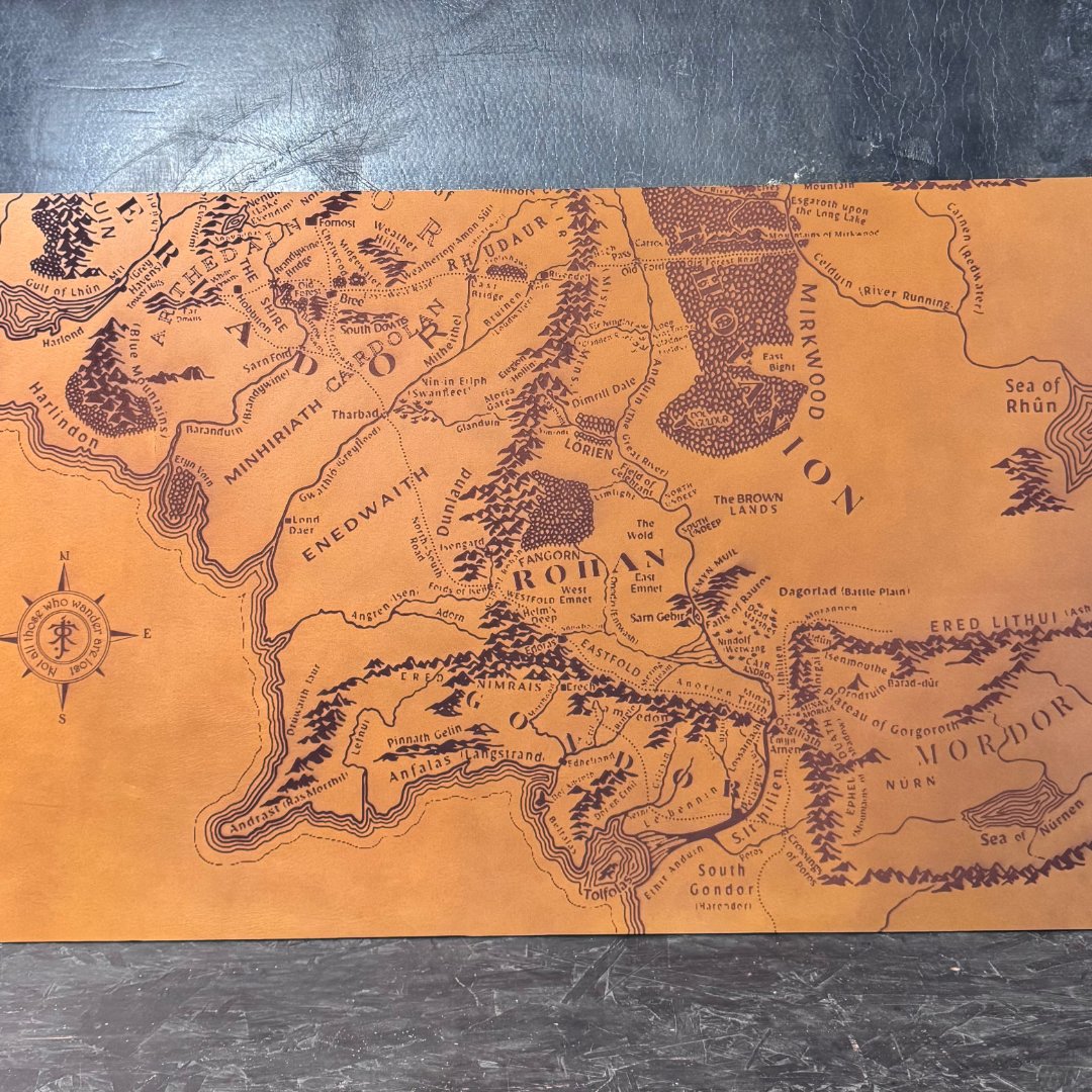 TASLaser's tweet photo. CO₂ engraving on leather gives such a nice contrast 👌
This Lord of the Rings map detail came out beautifully. https://t.co/bwzYjPmaFD